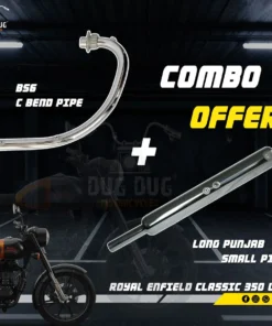 BS6 C Free Flow Bend Pipe and Bada Punjab Small Pipe Free Flow Silencer Combo for Classic 350, Electra, Standard UCE Models