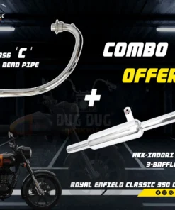 BS6 C Free Flow Bend Pipe and HKK Indori 3 Baffles Exhaust Combo for Classic 350, Standard 350 UCE, Electra UCE Models
