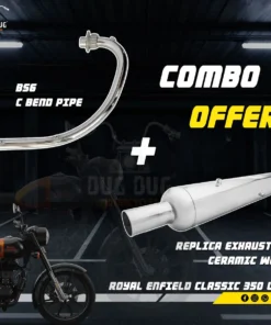 BS6 C Free Flow Bend Pipe and Replica Exhaust Ceramic Wool Exhaust Combo for Classic 350, Standard 350 UCE, Electra UCE Models