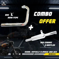 BS6 L Free Flow Bend Pipe and HKK Indori 3 Baffles Exhaust Combo for Classic 350, Electra, Standard UCE Models