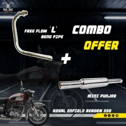 L Type Free Flow Bend Pipe and Mini Punjab Free Flow Silencer Small Pipe Combo for Royal Enfield Classic 350 Reborn
