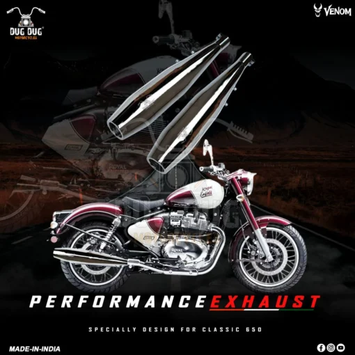 Dug Dug Venom Performance Exhaust for Royal Enfield Classic 650 SS-304 Loud Thump Rust-Free with Heat Shield & dB Killer