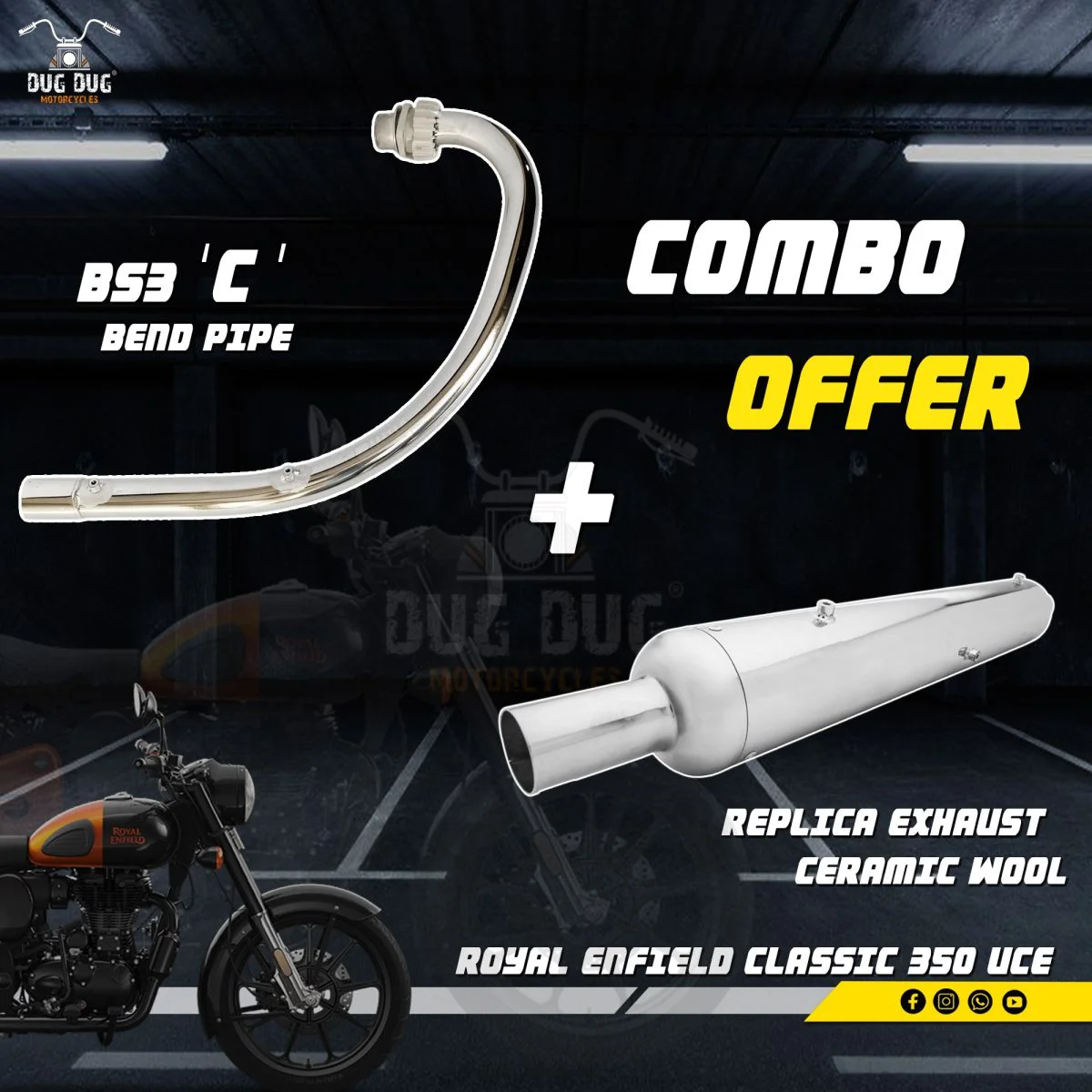 BS3 BS4 C Bend Pipe and Replica Exhaust Ceramic Wool Combo for Royal Enfield Classic 350 and Standard 350