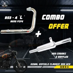 BS3 BS4 L Bend Pipe and HKK Indori 3 Baffles Exhaust Combo for Royal Enfield Classic 350 and Standard 350