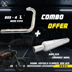 BS3 BS4 L Bend Pipe and Replica Exhaust Ceramic Wool Combo for Royal Enfield Classic 350 and Standard 350