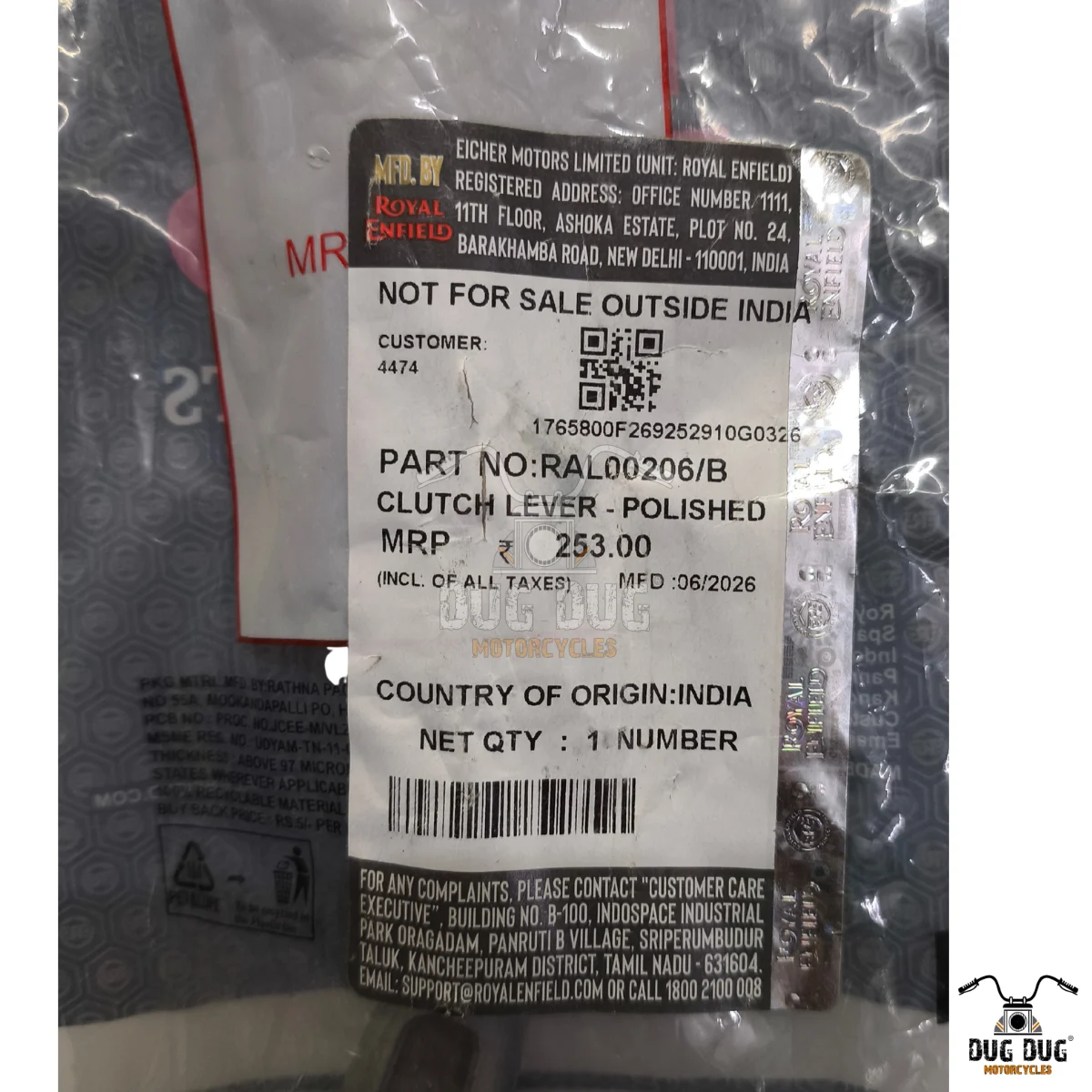 Royal Enfield Clutch Lever for Hunter 350 part number RAL00206/B genuine product label